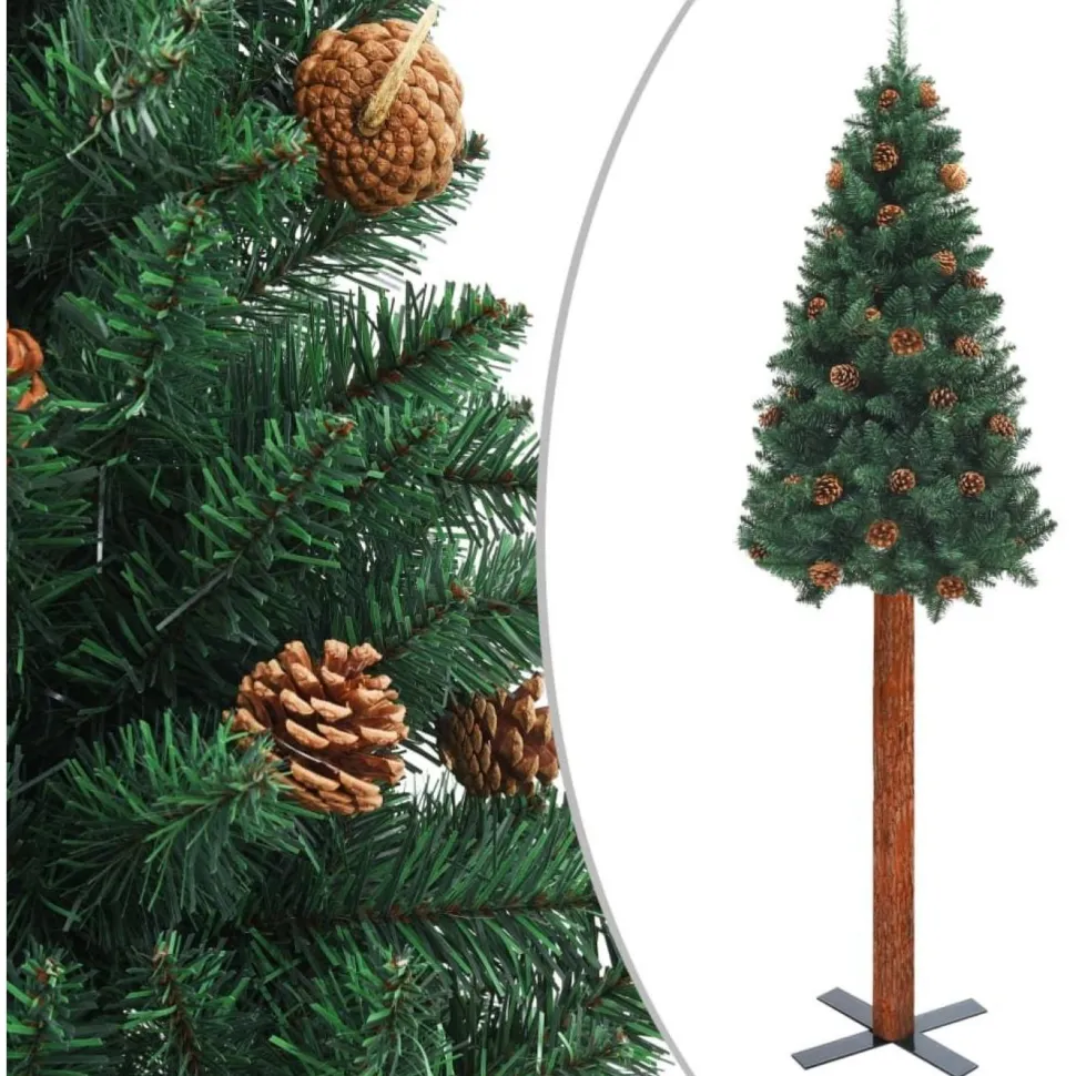 Kapea joulukuusi aidolla puulla ja kävyillä, vihreä, 210cm, PVC
