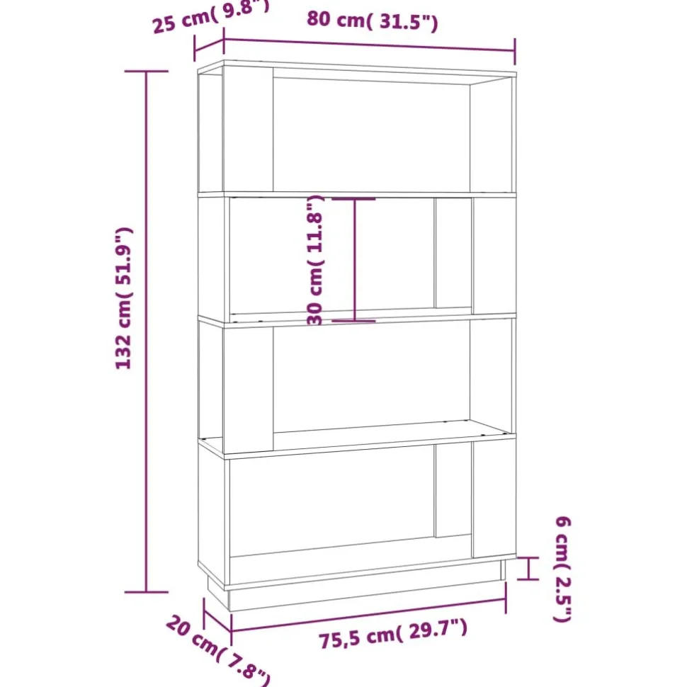 Kirjahylly/tilanjakaja 80x25x132 cm mänty harmaa