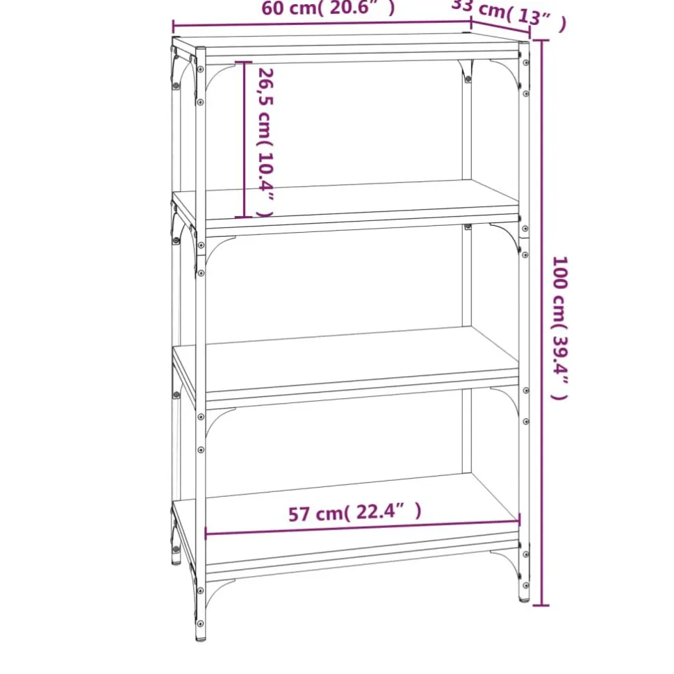 Kirjahylly 40x33x70,5 cm tekninen puu ja teräs harmaa