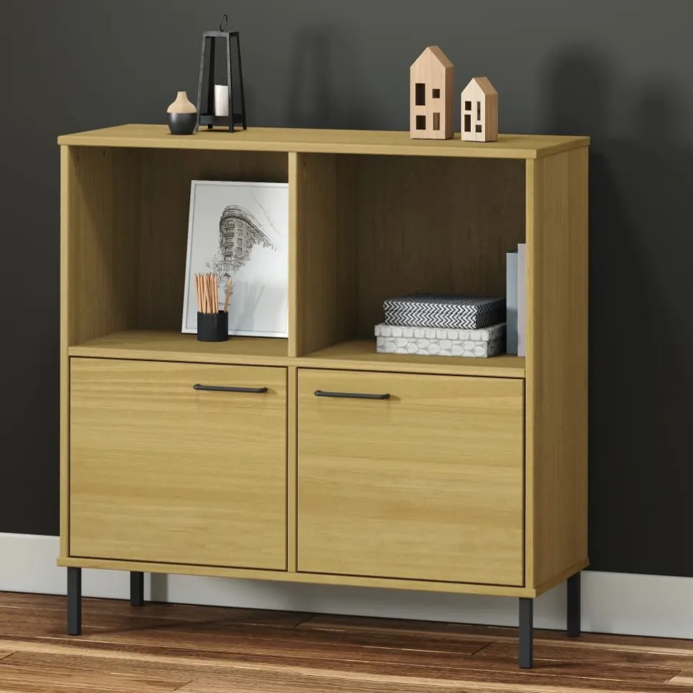 Kirjakaappi metallijaloilla 90x35x90,5 cm täyspuu Oslo ruskea