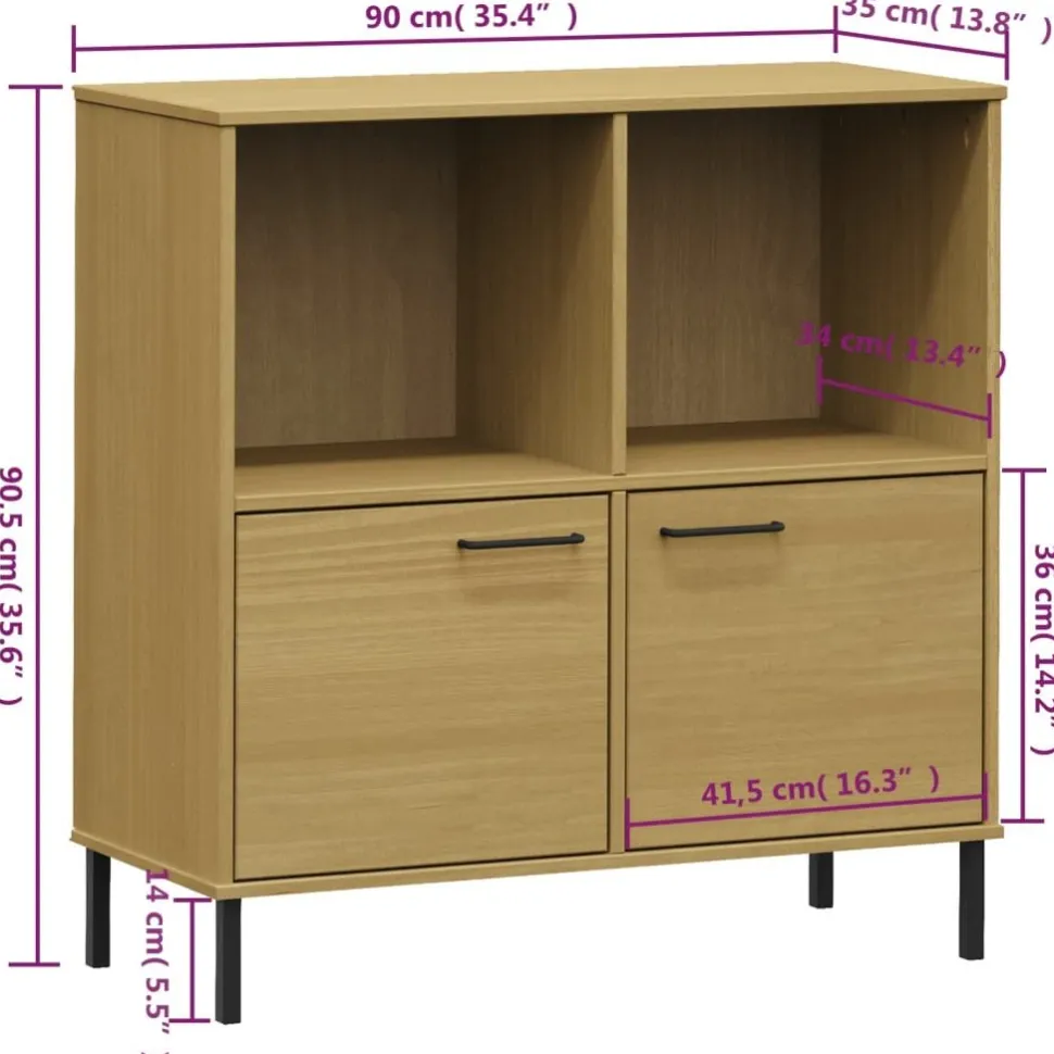 Kirjakaappi metallijaloilla 90x35x90,5 cm täyspuu Oslo ruskea