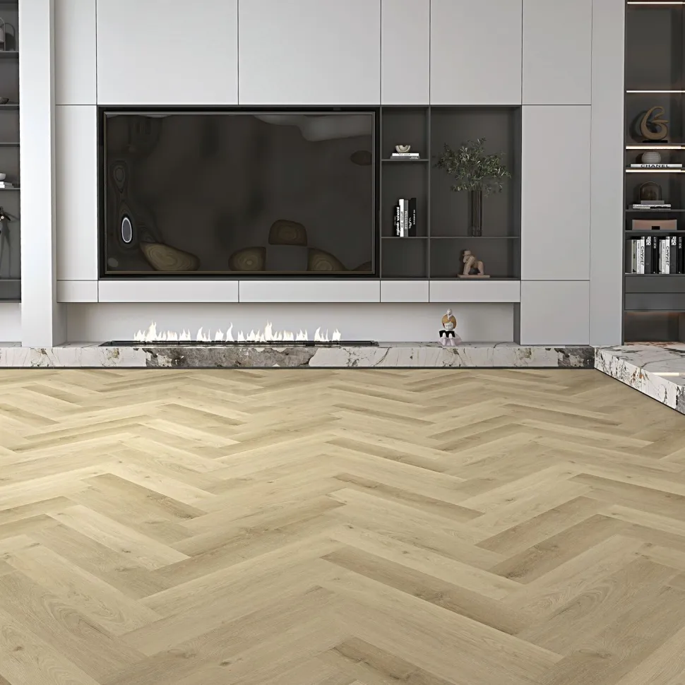 Kivikomposiittikalanruotovinyylilankku DomusFlooring Aino vaaleatammi, integroitu askeläänieriste