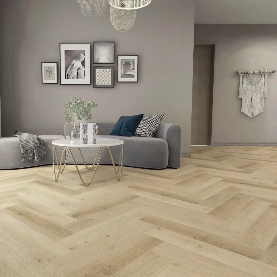 Kivikomposiittikalanruotovinyylilankku DomusFlooring Aino vaaleatammi, integroitu askeläänieriste