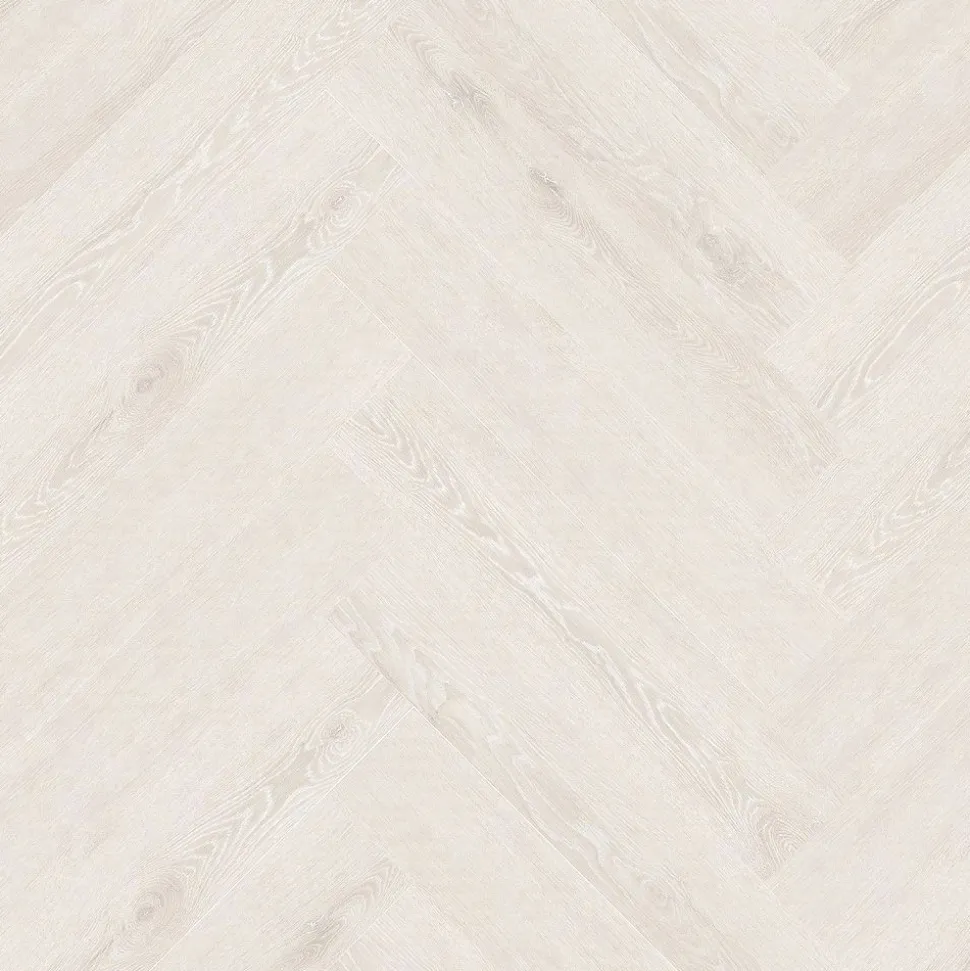 Kivikomposiittikalanruotovinyylilankku DomusFlooring Hiisi valkaistu, integroitu askeläänieriste