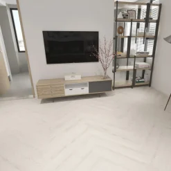 Kivikomposiittikalanruotovinyylilankku DomusFlooring Hiisi valkaistu, integroitu askeläänieriste