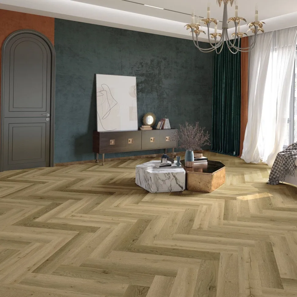 Kivikomposiittikalanruotovinyylilankku DomusFlooring Loihi luonnontammi, integroitu askeläänieriste
