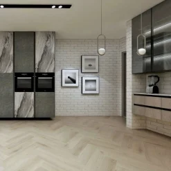 Kivikomposiittikalanruotovinyylilankku DomusFlooring Otso hiekkatammi, integroitu askeläänieriste