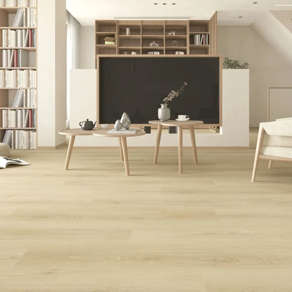 Kivikomposiittivinyylilankku DomusFlooring Kaukomielen kultapuu, integroitu askeläänieriste