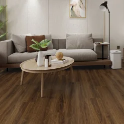 Kivikomposiittivinyylilankku DomusFlooring Pellervon pähkinä, integroitu askeläänieriste