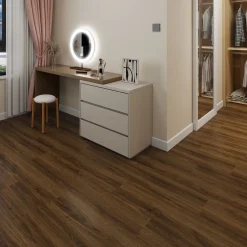 Kivikomposiittivinyylilankku DomusFlooring Pellervon pähkinä, integroitu askeläänieriste