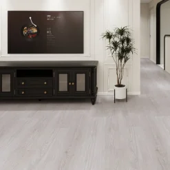 Kivikomposiittivinyylilankku DomusFlooring Tuulikin tuhkatammi, integroitu askeläänieriste