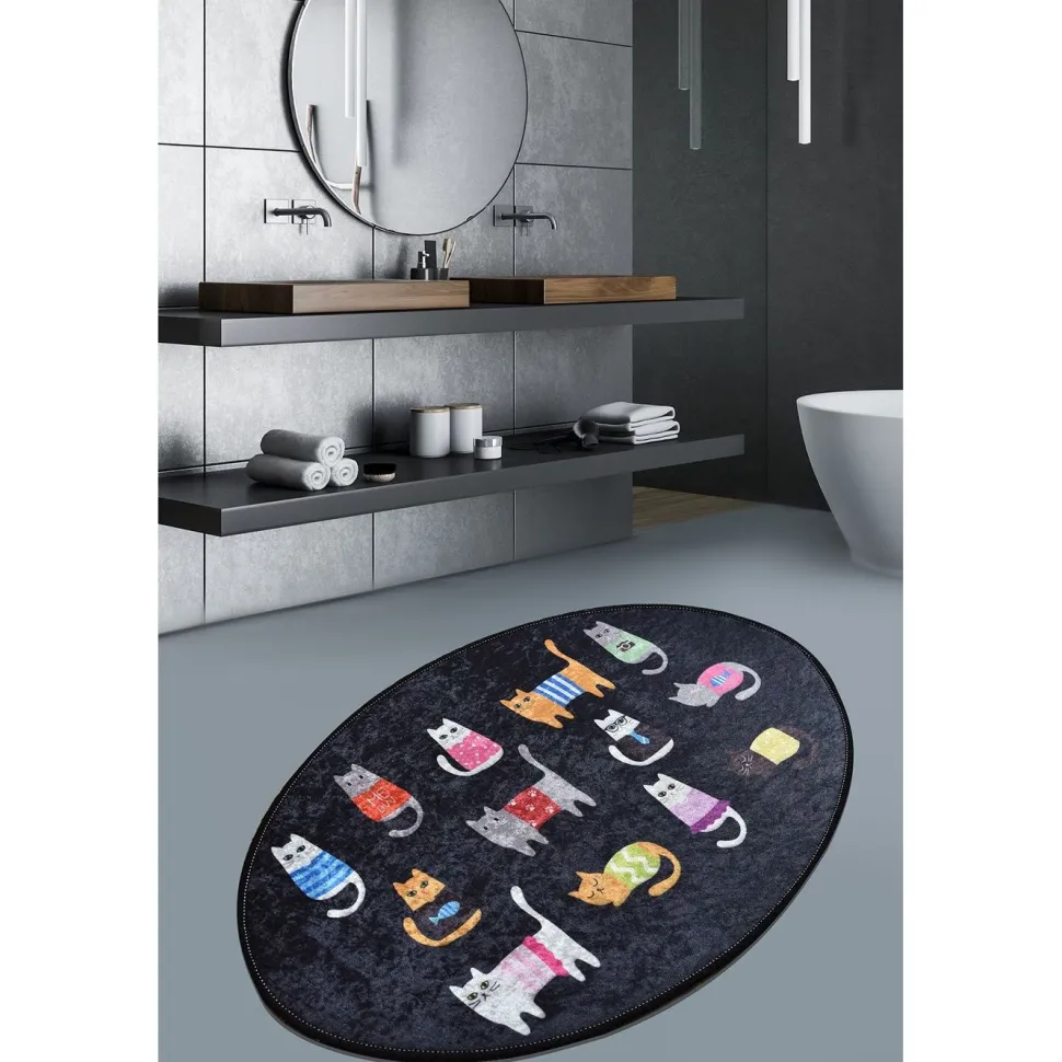 Kylpyhuoneen matto Linento Black Cats Oval 60x90cm musta/monivärinen