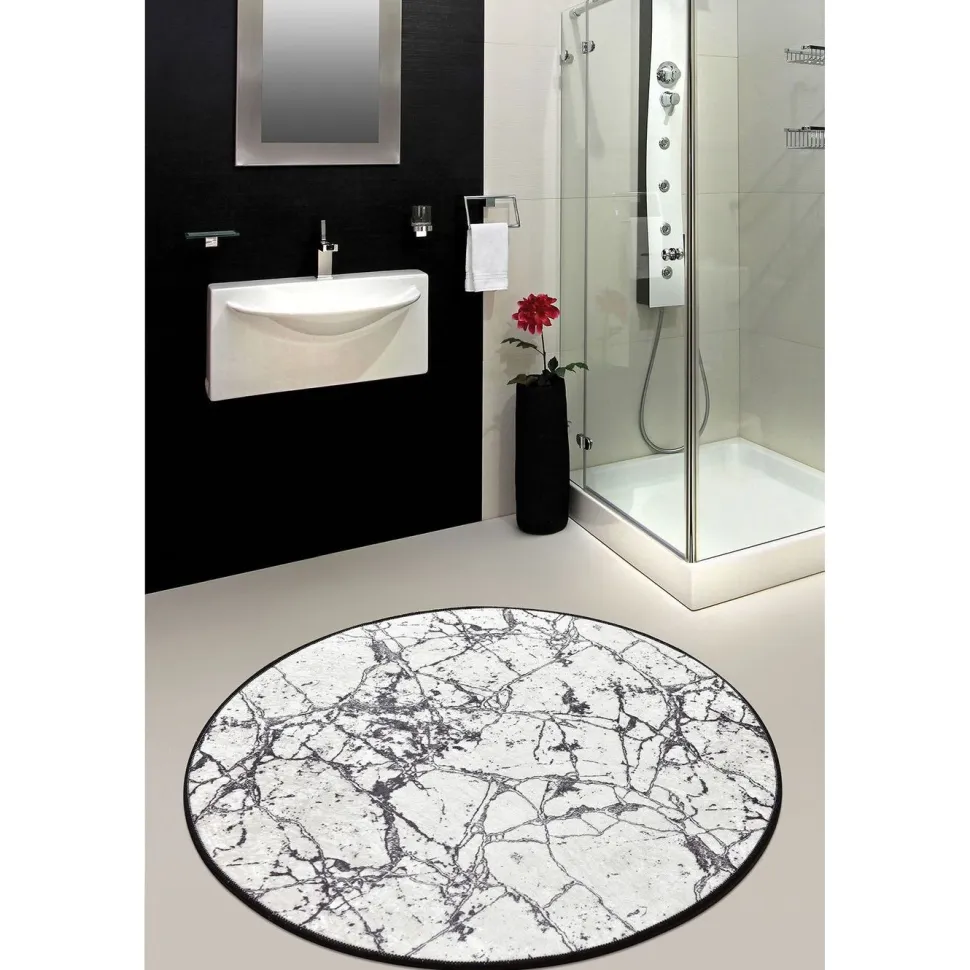 Kylpyhuonematto Linento Marble, Ø100cm, valkoinen