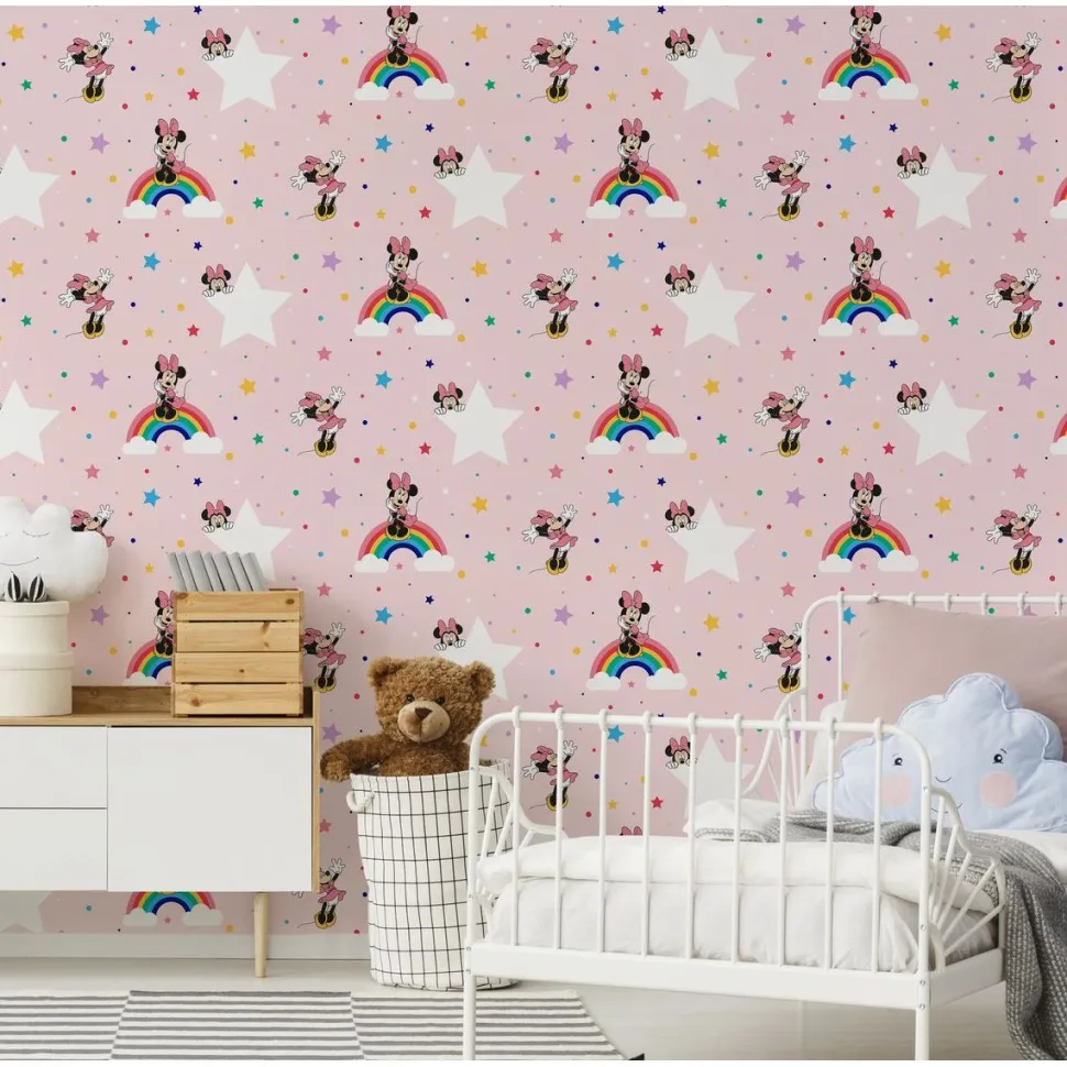 Lastenhuoneen tapetti Sandudd Rainbow Minnie 108592, Disney, vaaleanpunainen