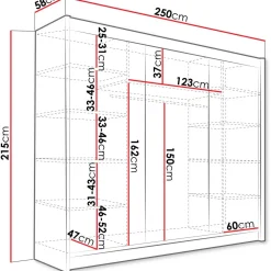 Liukuovivaatekaappi Nomla ASTON / DASTO II, LED-valaistuksella, 250x215cm, musta