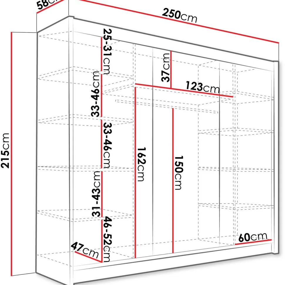 Liukuovivaatekaappi Nomla ASTON / DASTO II, LED-valaistuksella, 250x215cm, musta