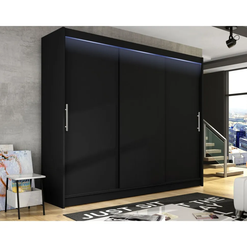Liukuovivaatekaappi Nomla ASTON / DASTO II, LED-valaistuksella, 250x215cm, musta