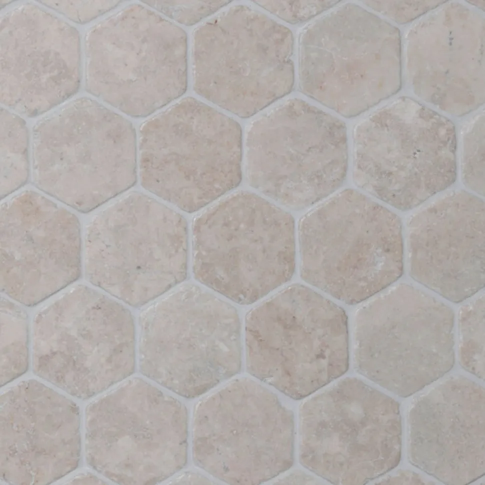 Marmorimosaiikki Qualitystone Hexagon White, verkolla, 60 x 60 mm