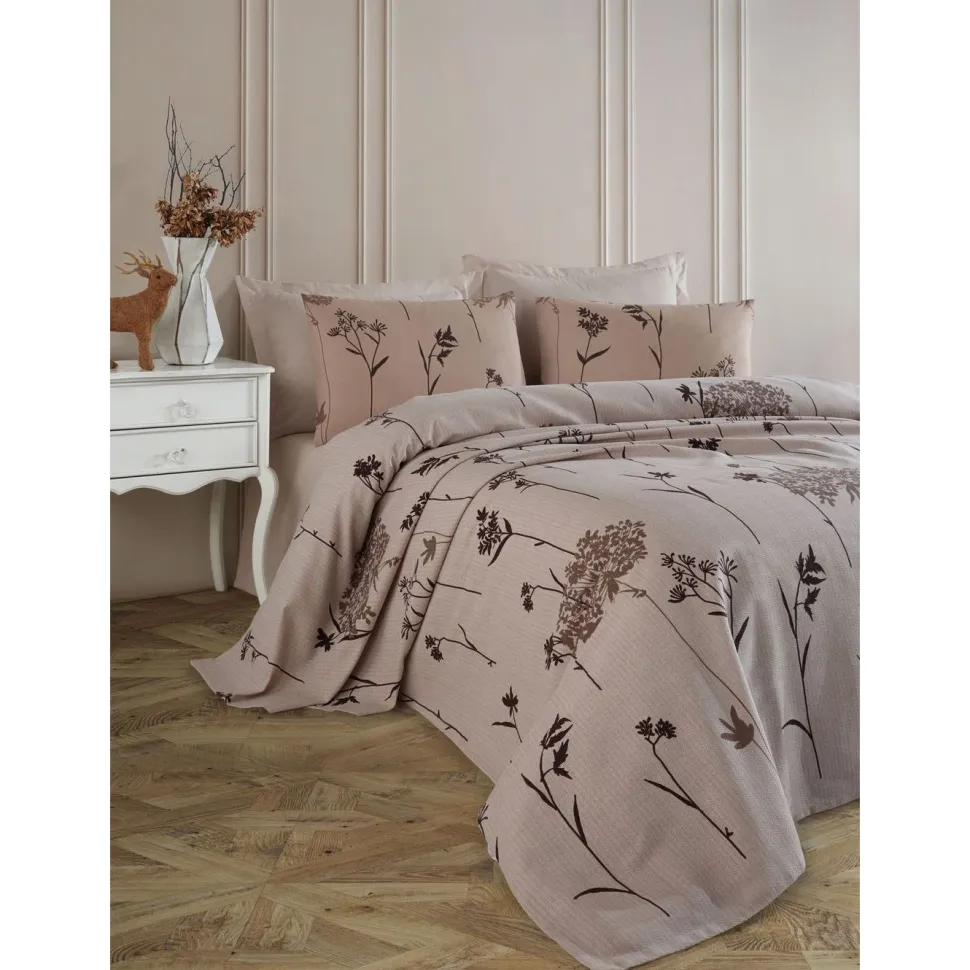 Parivuoteen päiväpeitto + 2 tyynyliinaa Linento Efil, 200x230cm + 50x70cm, ruskea