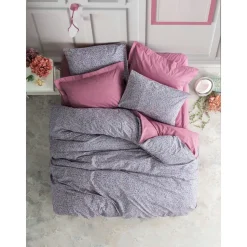Parivuoteen pussilakanasetti Linento Penny, 260x220cm + 50x80cm, himmeä roosa/violetti