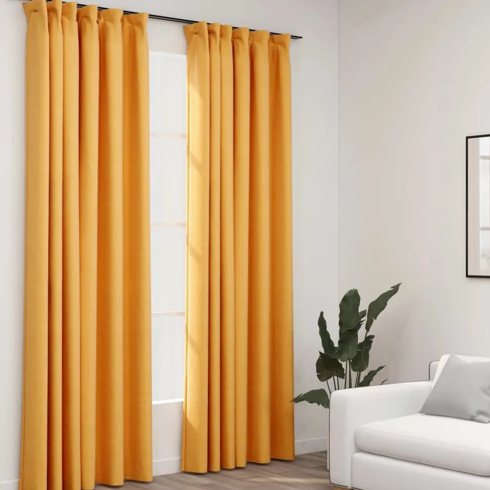 Pellavamaiset pimennysverhot koukuilla 2 kpl kelt. 140x245cm