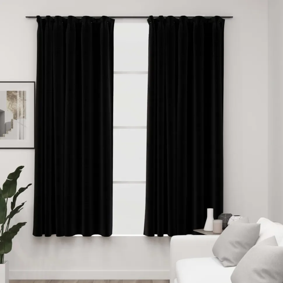 Pellavamaiset pimennysverhot koukuilla 2 kpl musta 140x175cm