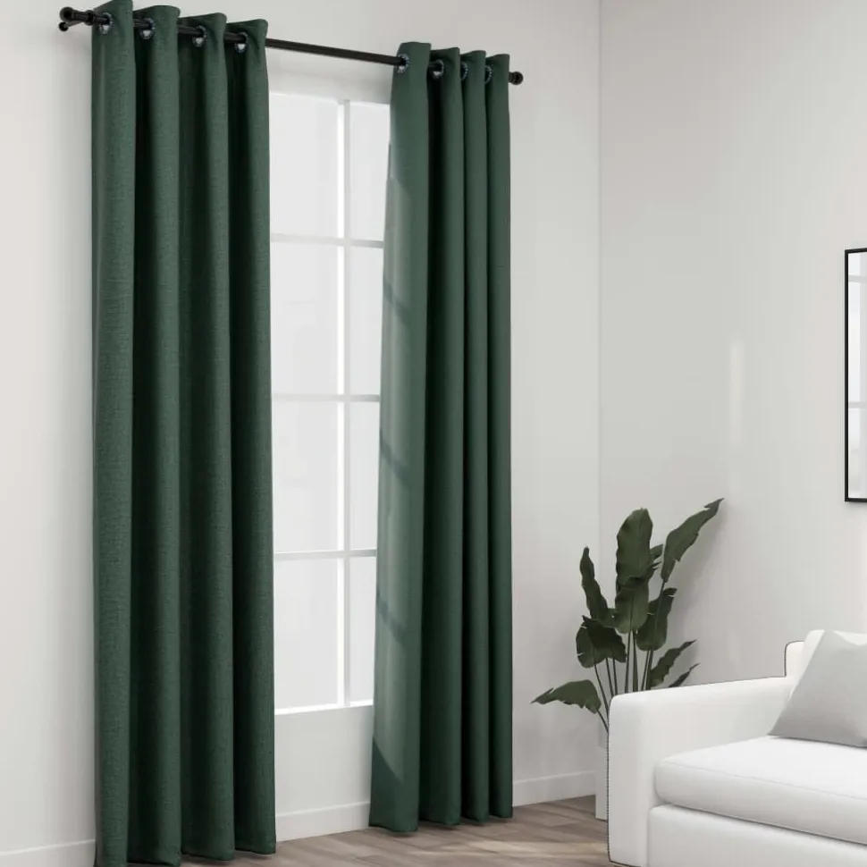Pellavamaiset pimennysverhot renkailla 2kpl vihreä 140x245cm