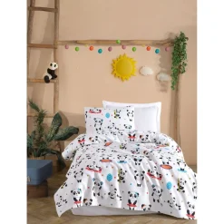 Päiväpeitto + tyynyliina Linento LovePandas, 160x230cm + 50x70cm, puuvilla, valkoinen