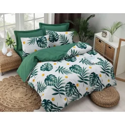 Pussilakanasetti Linento Monstera, 155x200cm + 50x80cm, vihreä