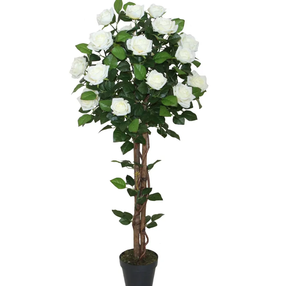 Ruusu-tekopuu Home4You WIND, K120 cm, 2 puurunkoa, musta ruukku, valkoinen