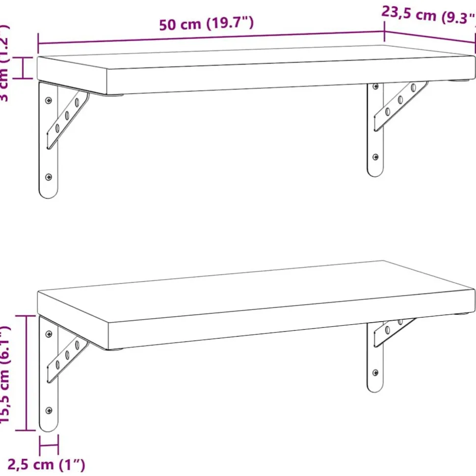 Seinähyllyt 2 kpl 50x23,5 cm hopea ruostumaton teräs (14510)