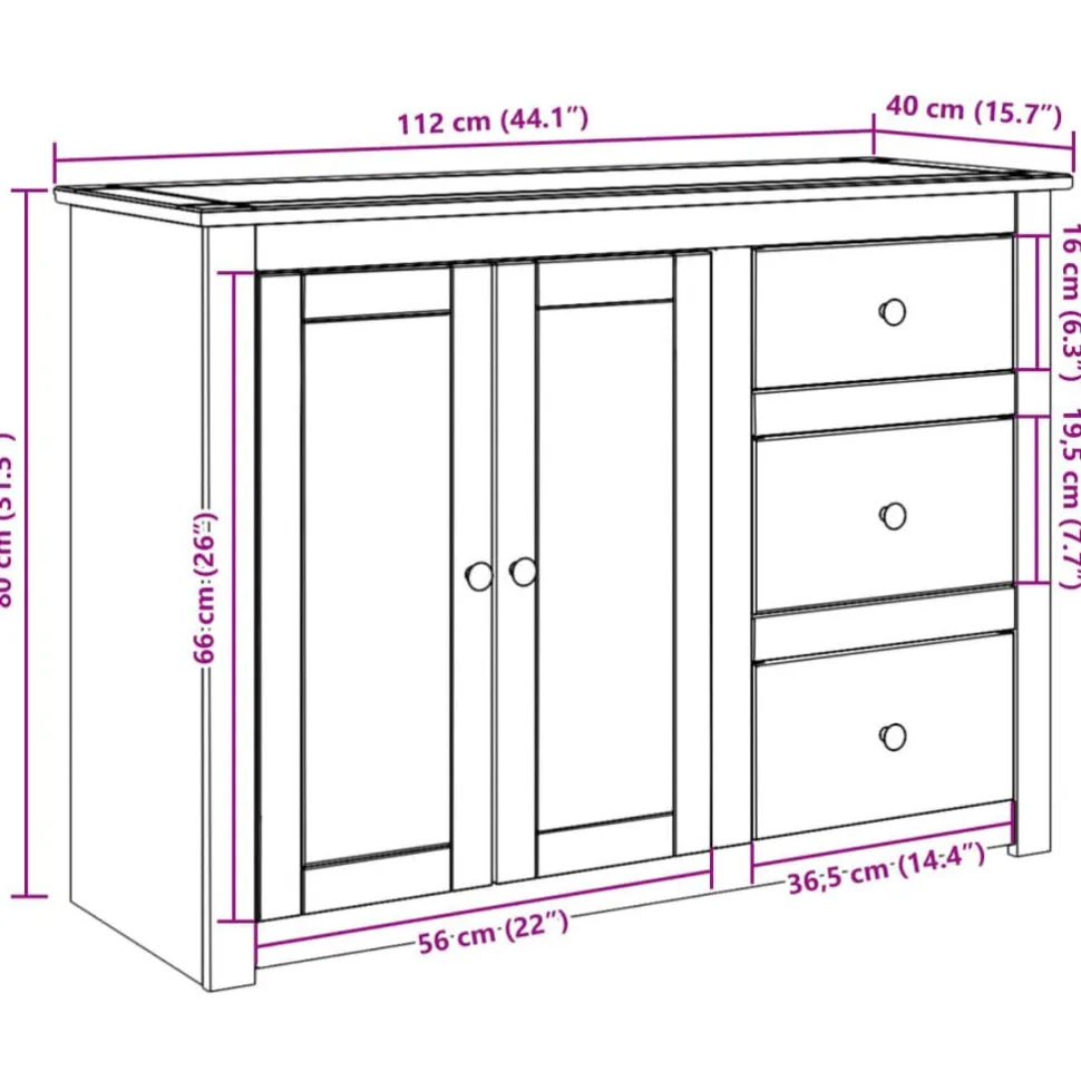 Senkki laatikoilla Panama 112x40x80 cm täysi mänty (16385)