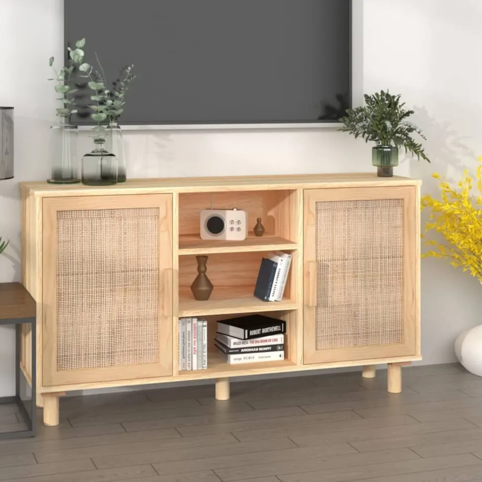 Senkki ruskea 105x30x60 cm täysi mänty ja luonnonrottinki (45641)