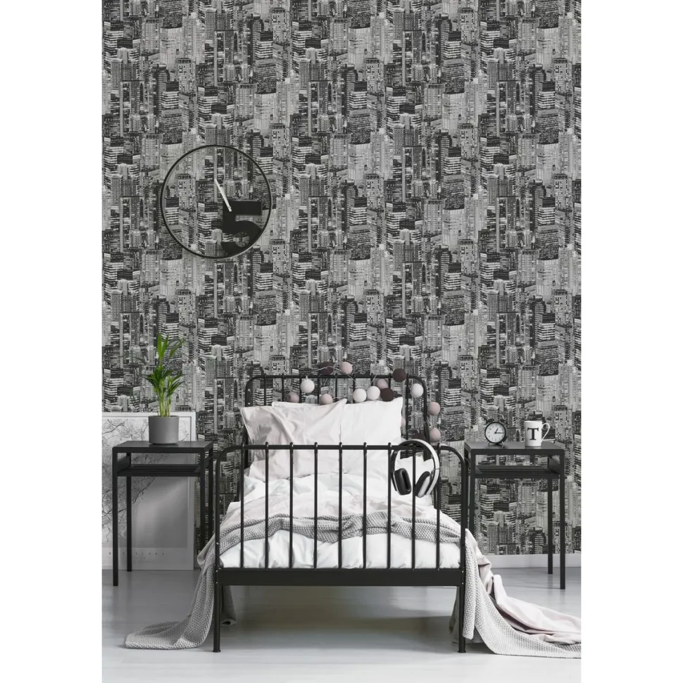 Tapetti Sandudd Luminocity Mono Glow In The Dark 108015, kaupunki, moderni, mustavalkoinen