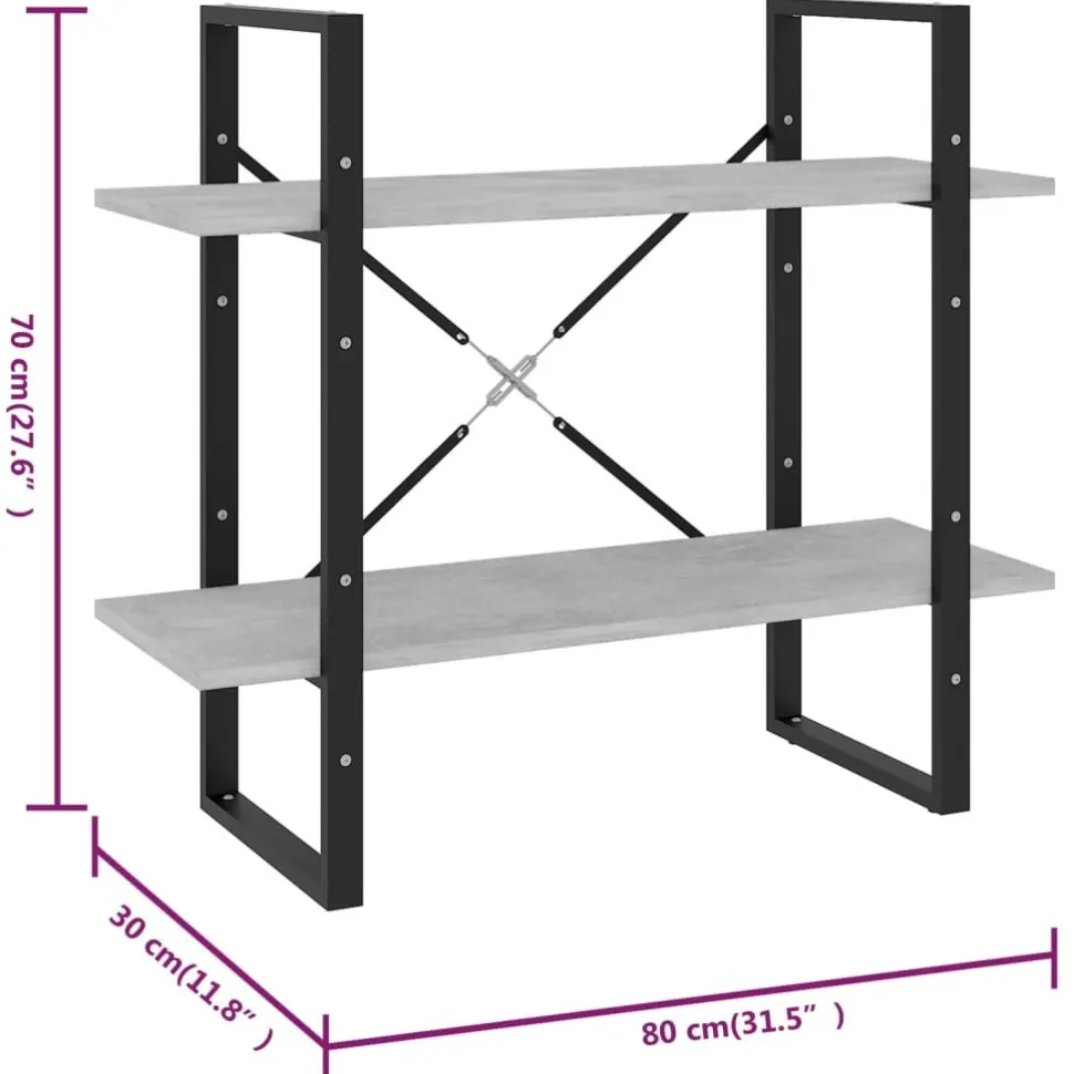 2-tasoinen kirjahylly 80x30x70 cm lastulevy betoninharmaa