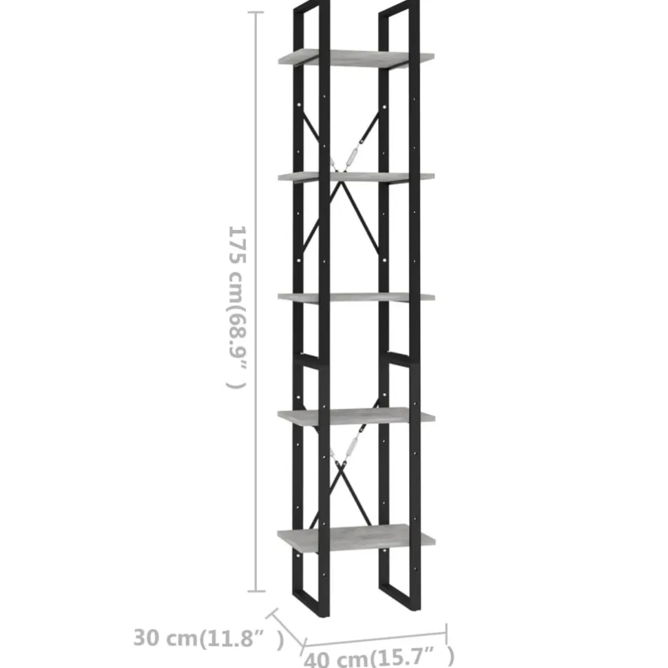 5-tasoinen kirjahylly 60x30x175 cm lastulevy harmaa