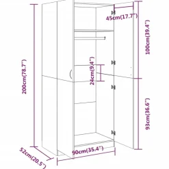 Vaatekaappi 90cm tekninen puu harmaa