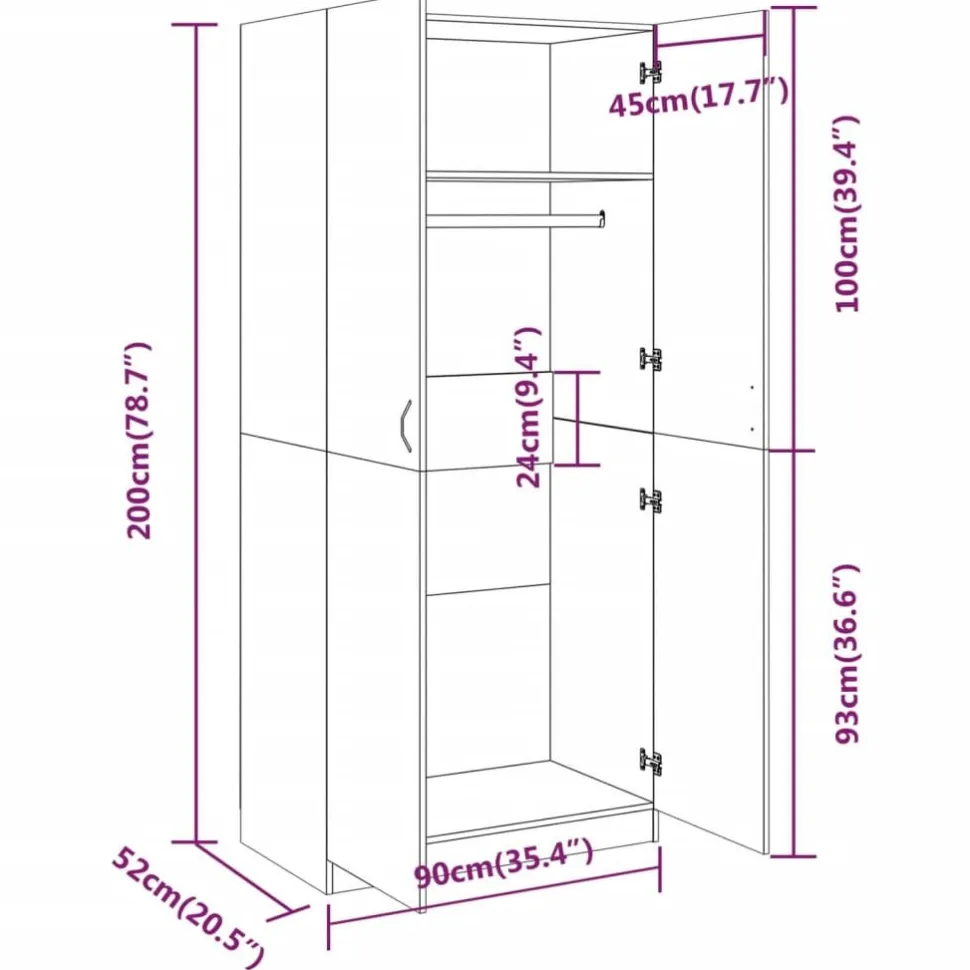 Vaatekaappi 90cm tekninen puu harmaa