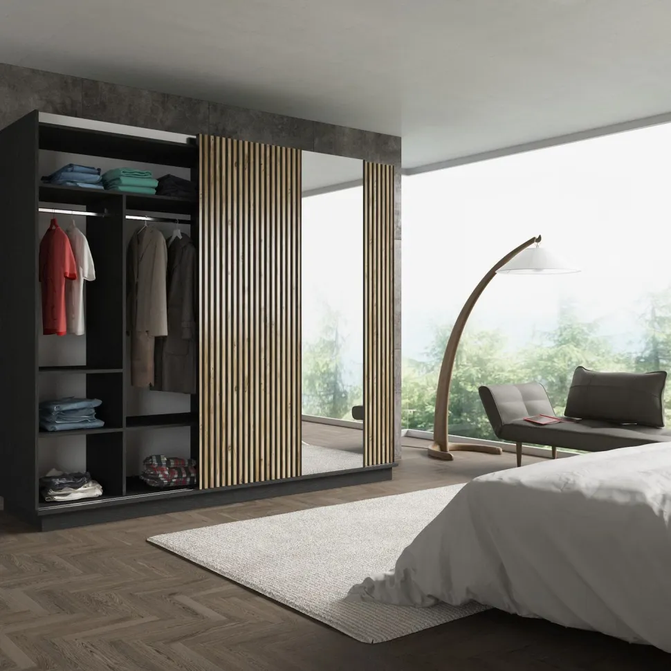 Vaatekaappi liukuovilla Linento Furniture FRN-9022, musta/atlassetri