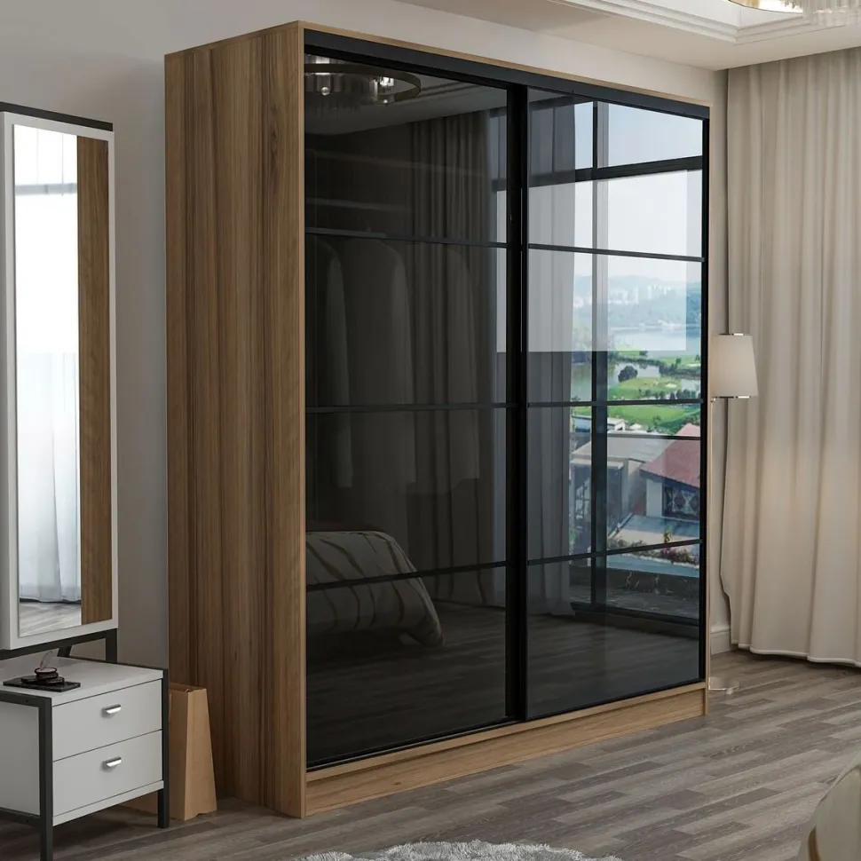 Vaatekaappi liukuovilla Linento Furniture Kale 8355 210x180cm ruskea/savu