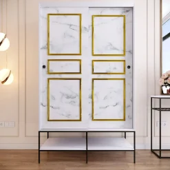 Vaatekaappi liukuovilla Linento Furniture Martin, 120cm, valkoinen marmori/kulta