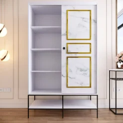 Vaatekaappi liukuovilla Linento Furniture Martin, 120cm, valkoinen marmori/kulta