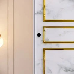 Vaatekaappi liukuovilla Linento Furniture Martin, 120cm, valkoinen marmori/kulta