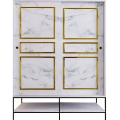 Vaatekaappi liukuovilla Linento Furniture Martin, 150cm, valkoinen marmori/kulta