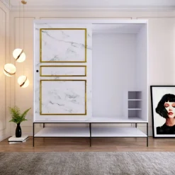 Vaatekaappi liukuovilla Linento Furniture Martin, 190cm, valkoinen marmori/kulta