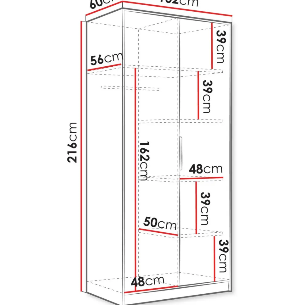 Vaatekaappi Nomla 2D TIRENO, saranaovet, 102x216cm, valkoinen
