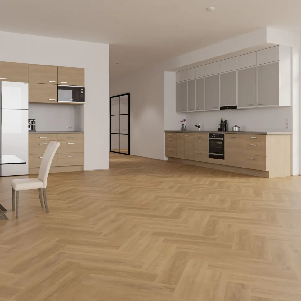 Vinyylilankku Check Floors Check One Herringbone 2072H Alteno Oak, vaaleanruskea, integroitu askeläänieriste